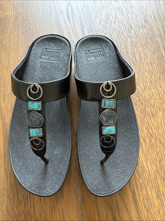 Fitflop Shoes - Fitflop All Black Fino Stone Trim Toe-Post Sandals